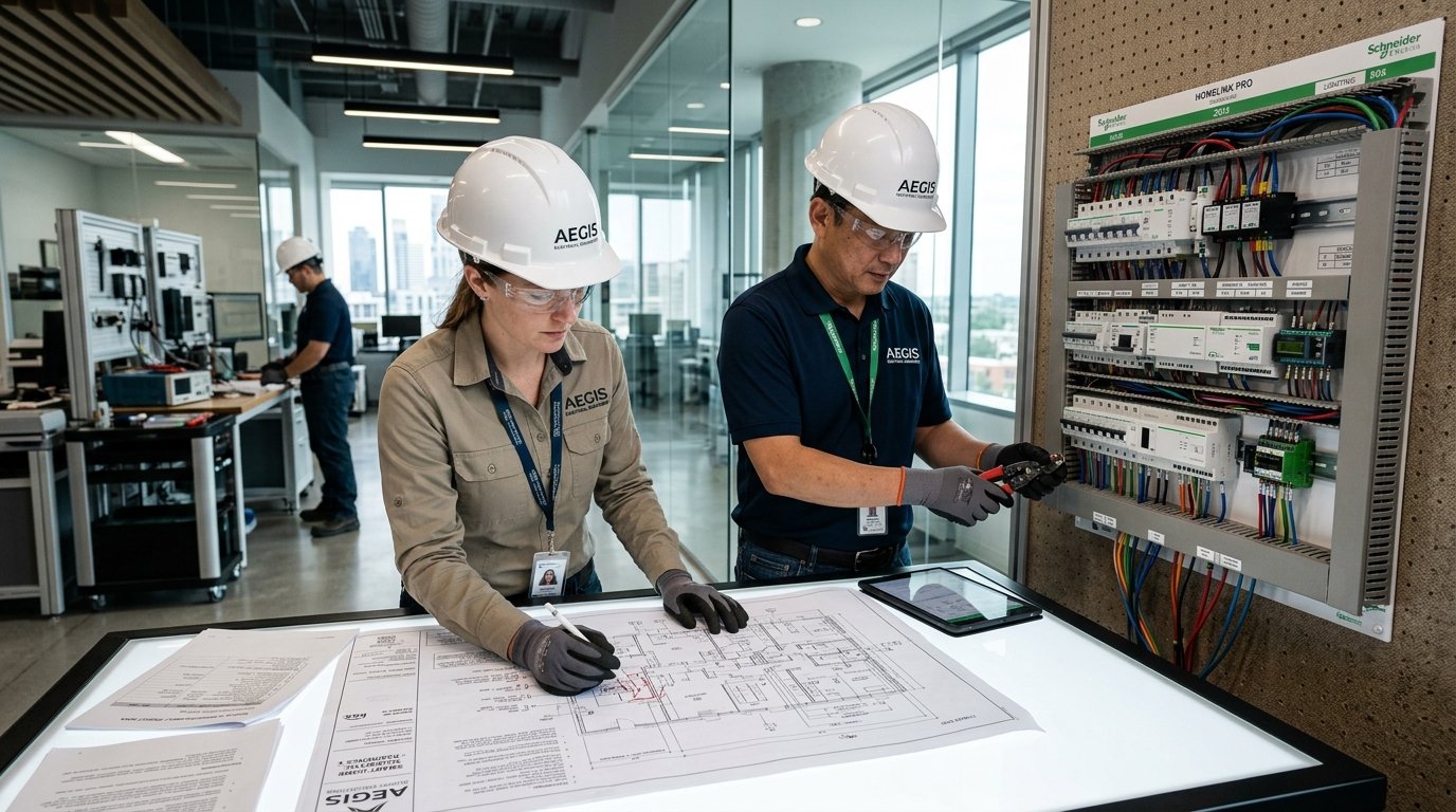 Al Mirqab Electrical Engineers working on blueprints and panel wiring